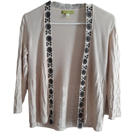 Sigrid Olsen Open Cardigan Womens Small Beige Knit Embroidered Neckline Tie - Picture 1 of 12